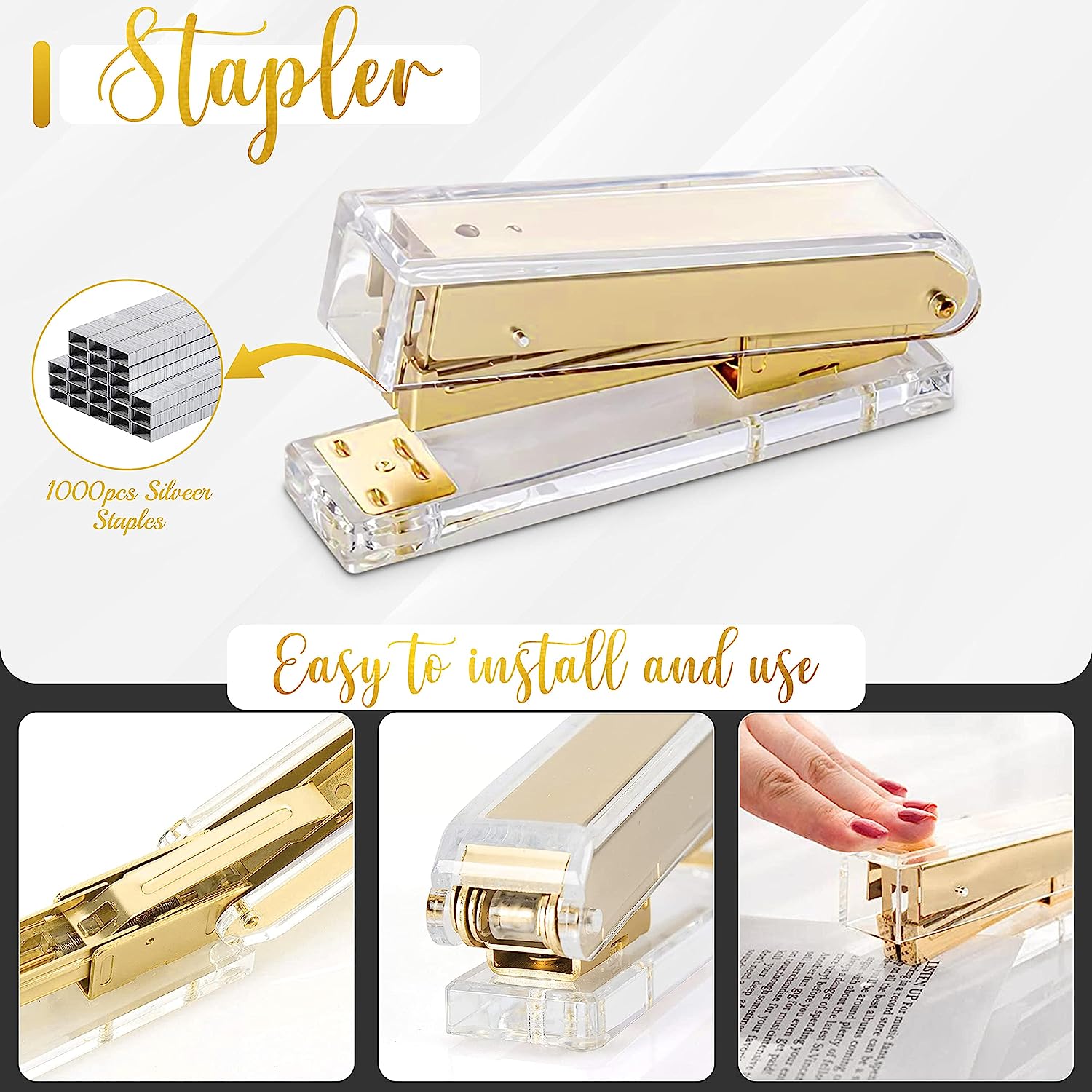 Varuni- Gold Desk Accessories- Office Accessories -Gift Set- Heavy Duty Stapler, Pen Organizer, Tape Dispenser Desk, Clear Sticky Notes- Including Clear Tape and 1000 Staples- Acrylic Desk - Image 3